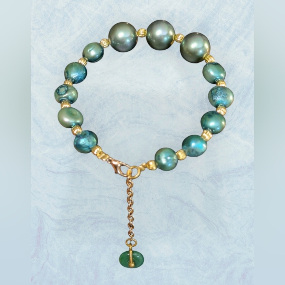 Green Pearl Bracelet with Golden Accents And Jadeite Charm
